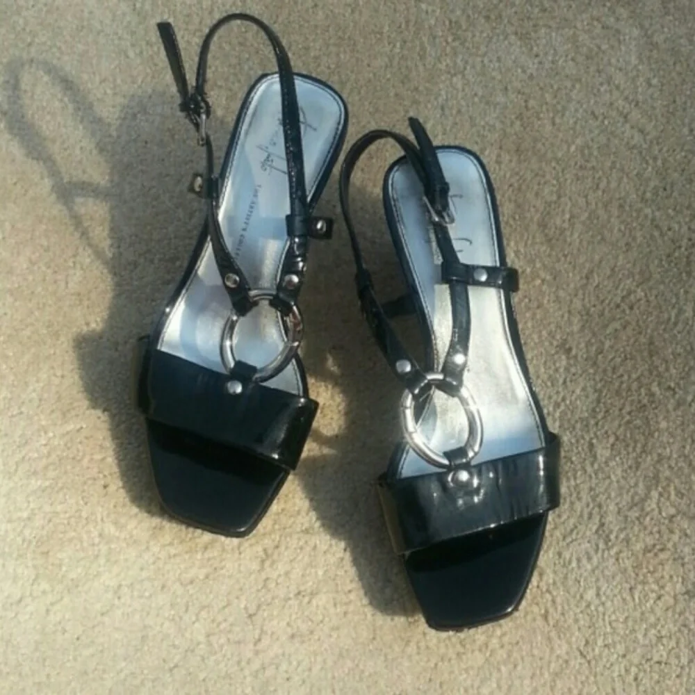 Franco Sarto black patent leather cork wedge shoes